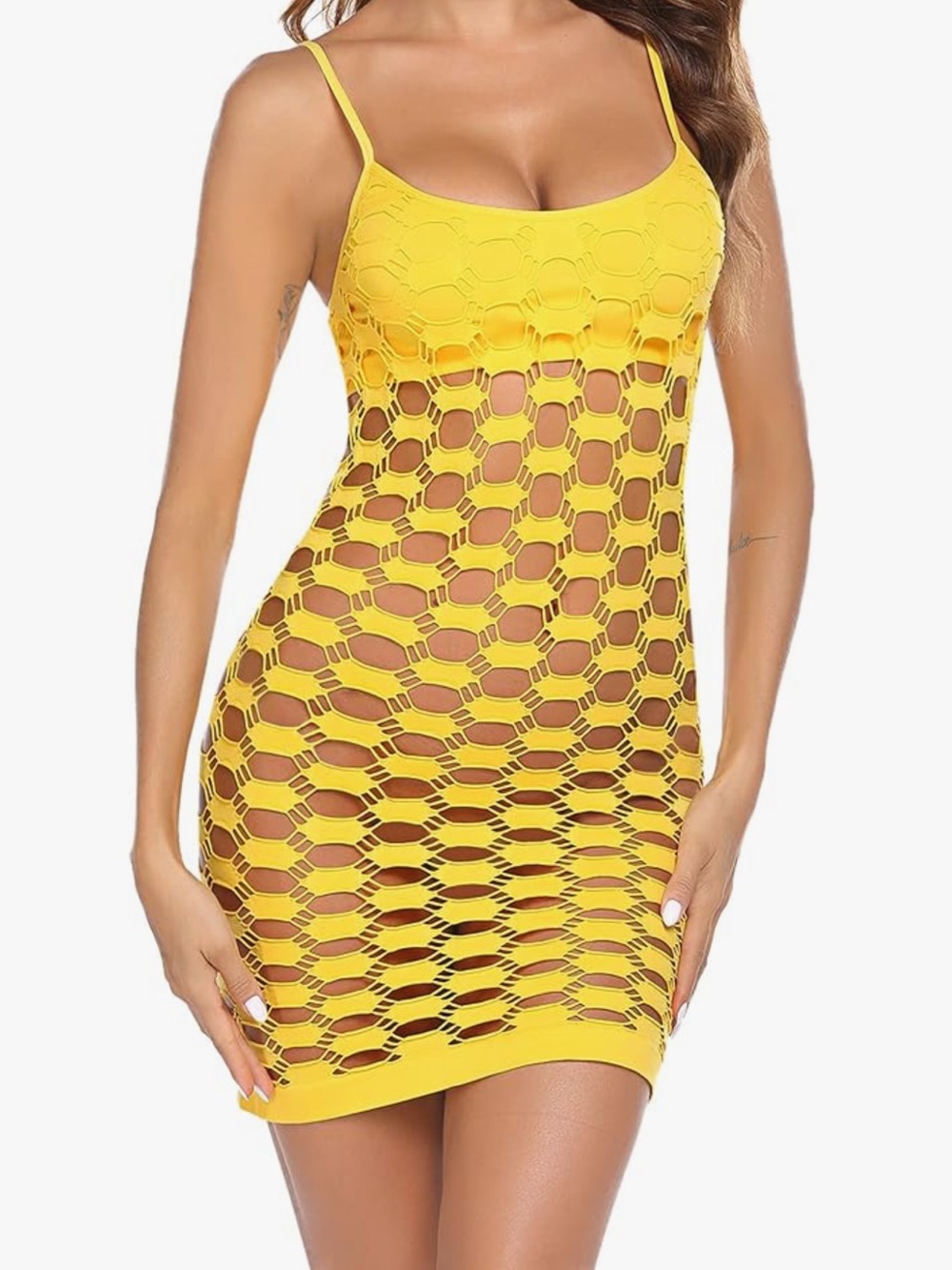 Avidlove Lingerie Negligee Mesh Dress Hollow Out Night Fishnet Mini Dress Yellow